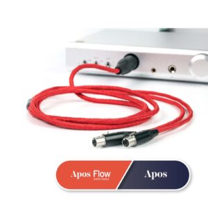 A photo of the headphone cable connected to a headphone amp and laying on a desk